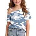thumbnail image 2 of JOANKDMI Children One Shoulder T Shirts Girls 11-12 Camouflage Print Short Sleeve Tops Summer Casual Slant Neck Blouse Asymmetrical Fashion Tees Daily Holiday Wear Outfit, 2 of 9