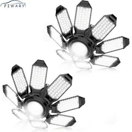 FIWARY LED Garage Light - 2Pack Bright 50000LM Garage Lights Ceiling Led w/ 8 Deformable Panels 6500K Led Light Bulb Srew in E26/E27 Socket with Adjustable Center Spotlight for Barn Workshop Attic