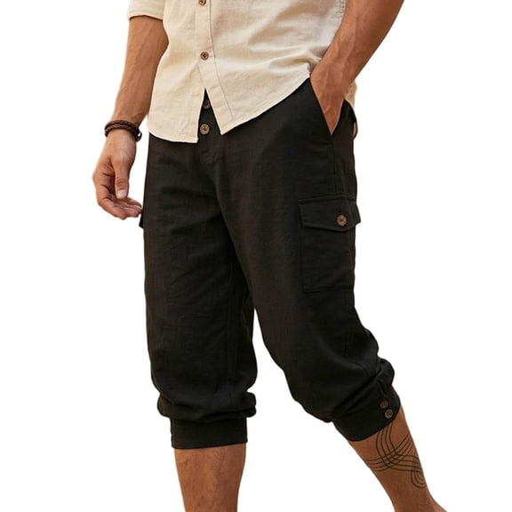 Tbopshirt Mens Capri Pants Cargo Pants for Men Fashion Casual High Waisted Walking with Button Solid Pockets Pants 3/4 Length Pant,M-3XL