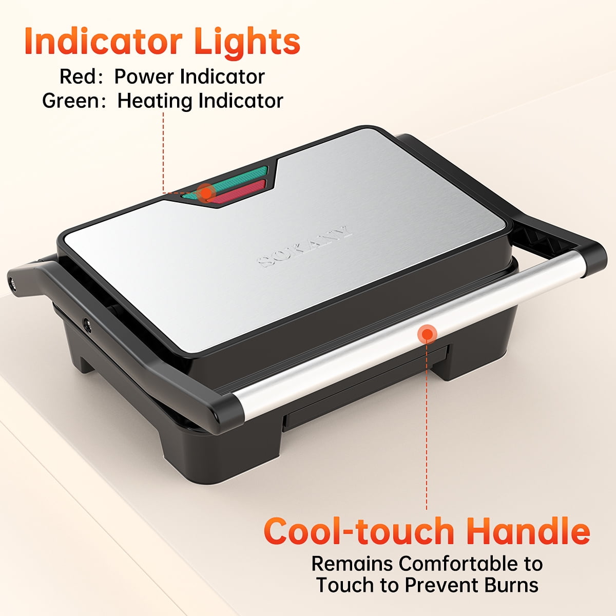 GPED Panini Press Sandwich Maker, 2 Slice Stainless Steel Panini Press Grill, Non-Stick Sandwich Press Maker with Removable Drip Tray for Any Thickness Sandwich, Burgers, Steak