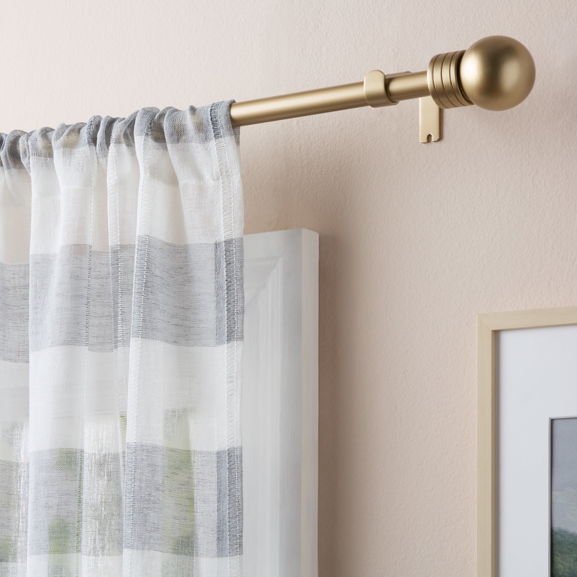 TOWN & COUNTRY BASICS Modern Sphere Single Indoor Curtain Rod and Finial Set, Easy Install Wall Mount, Matte Gold, Adjustable 36”-72”