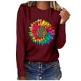 thumbnail image 3 of Floleo Clearance Fall Clothes For Women Women's Casual Loose Round Neck Long Sleeve Sunflower Print Top Blouse T-shirt Wine, 3 of 5