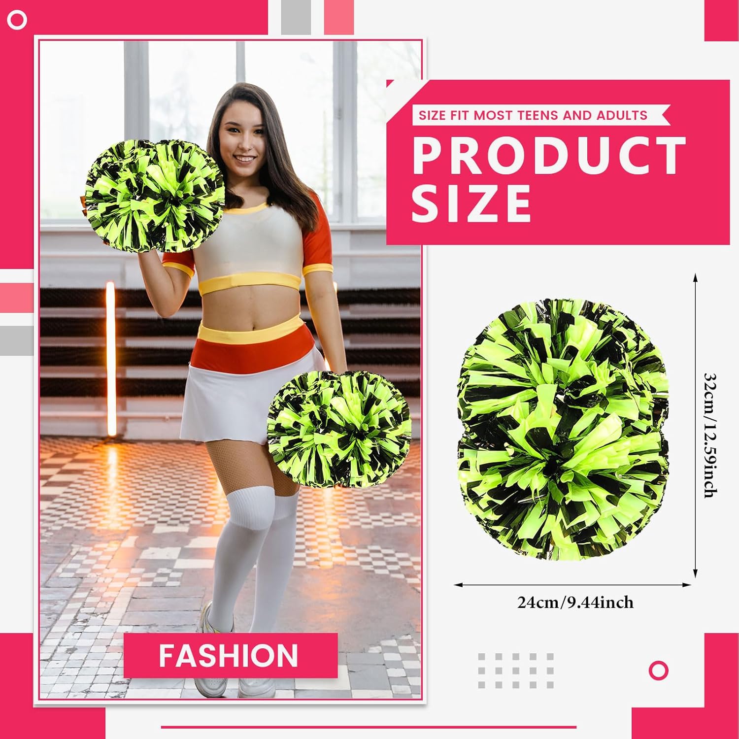 Cheerleader Pom Poms 12 Pack Sports Dance Cheering Plastic Metallic Cheerleading Pom Poms for Kids Adults