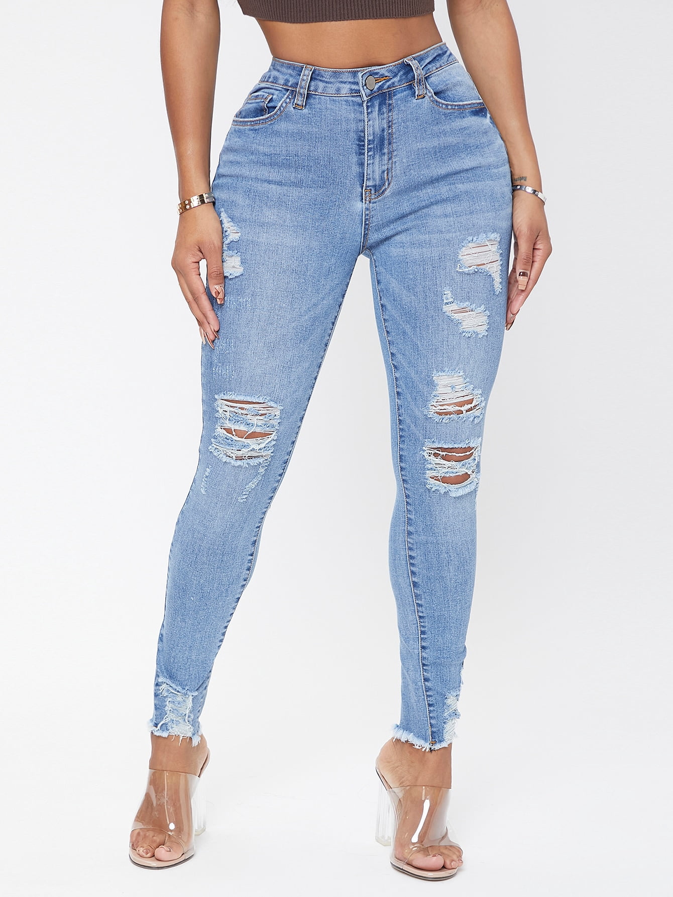 Women's High Waist Ripped Raw Hem Jeans 