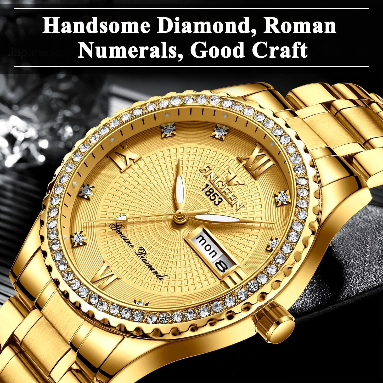 Classic Diamond Gold Watches for Men, Stainless Steel Waterproof Dress Watch, Men's Quartz Analog Wristwatch