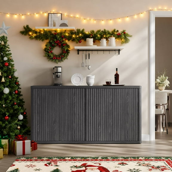 SICOTAS 66.3"W Large Kitchen Sideboard Buffet Cabinet with 4 Fluted Doors & Adjustable Shelves, Oversized Console Cabinet with Storage for Living Room, Coffee Bar Station for Dining Room, Black