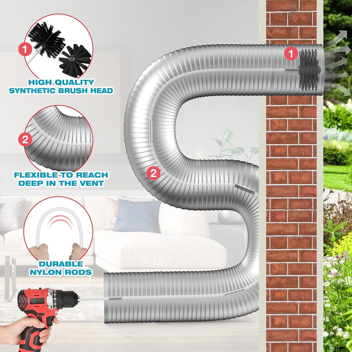 35 Feet Dryer Vent Cleaner Kit, Lint Remover, Upgraded Flexible Quick-Snap Brush with Drill Attachment, Extends Up to 35 FEET for Easy Cleaning, Cleaning Tools Use with/Without a Power Drill