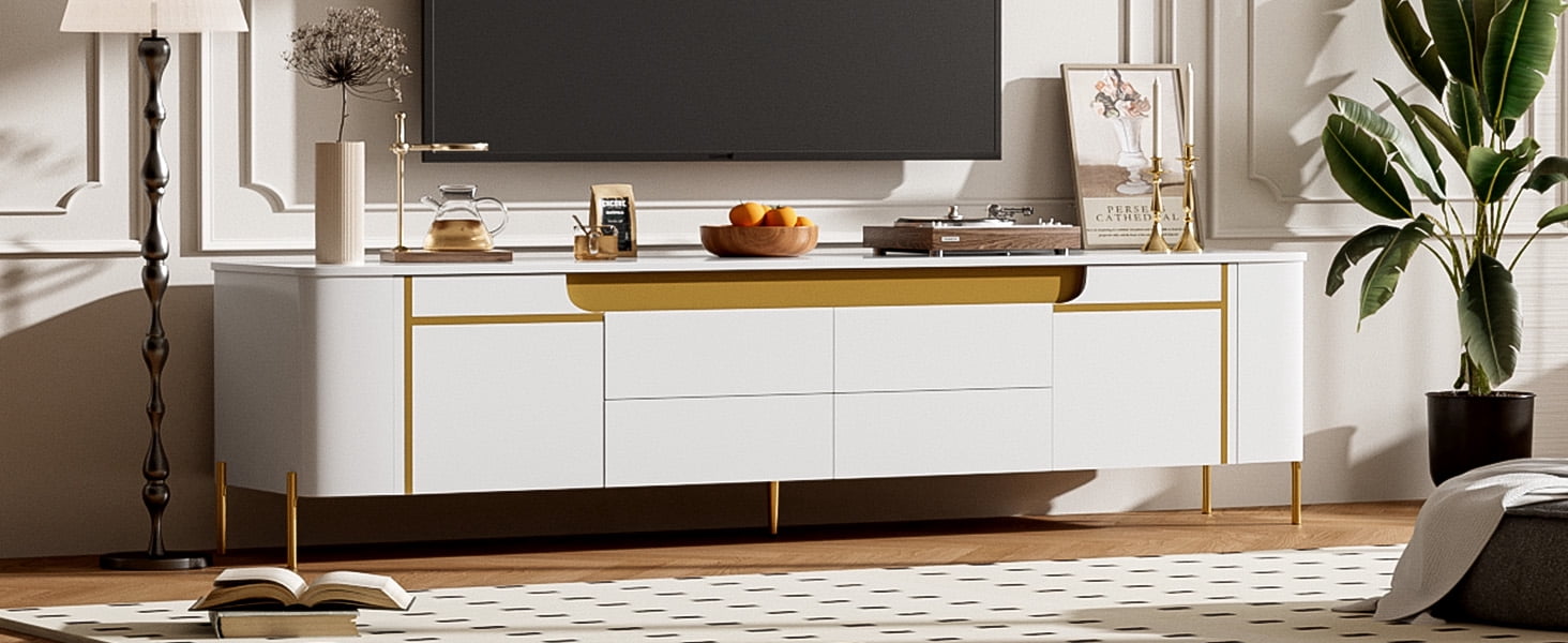 Euroco Light Luxury TV Stand with 2 Cabinets and 4 Drawers – Gold Metal Legs, Cable Management, Concealed Handles – Modern Entertainment Center for Living Room
