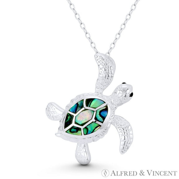 Sea Turtle Charm Black Mother-of-Pearl 23x24mm (0.9x0.9in) Pendant & Chain Necklace in .925 Sterling Silver