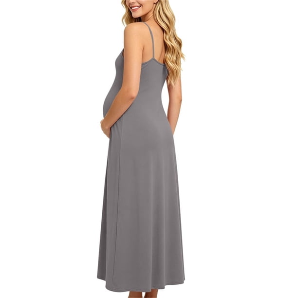 Amzcrzy Maternity Dresses Scoop Neck Sleeveless Spaghetti Strap Maxi Dress Stretchy Solid Color Empire Waist Long Dress Casual Flowy Pregnancy