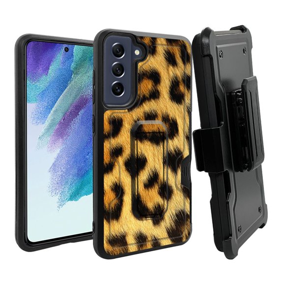ANJ  Rugged Dual Layer Hybrid Holster Kickstand Case w/ Card Slot   Tempered Glass Cover for Samsung Galaxy S21 FE 5G - Yellow Leopard