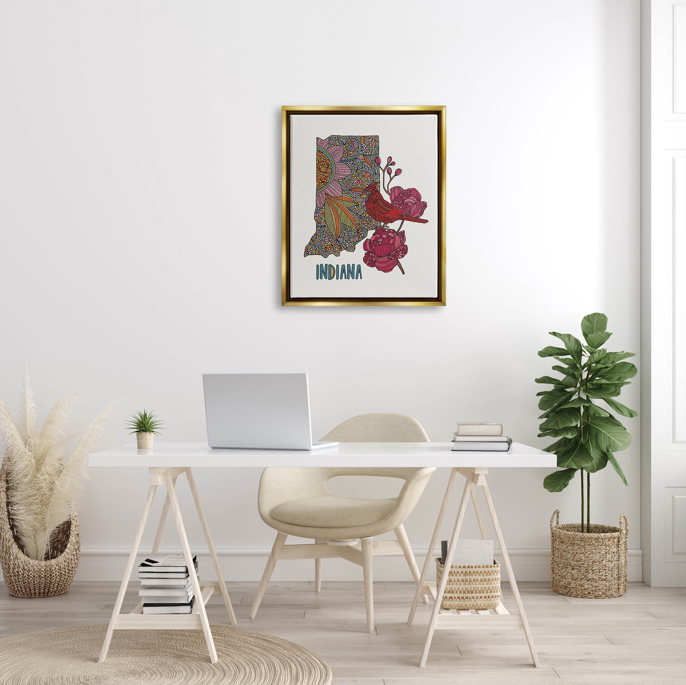 Stupell Industries Indiana State Bird Florals Graphic Art Metallic Gold Floating Framed Canvas Print Wall Art, Design by Valentina Harper