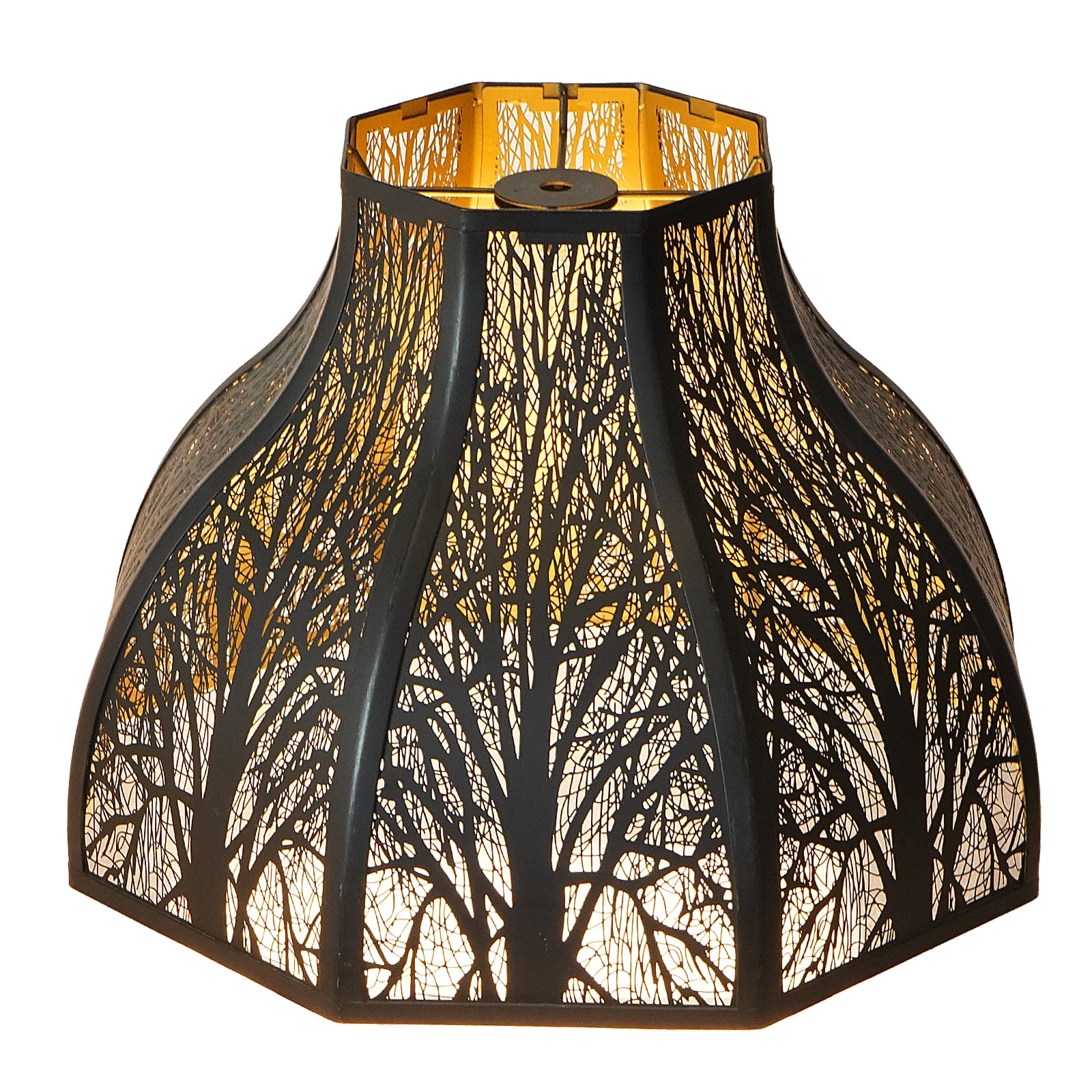 SWAIFDEE Octagonal Lotus Metal Lamp Shade Etched Forest Outer Black Inner Gold 5.32x13x9.5in Spider Fitter for Table Lamp Floor Lamp