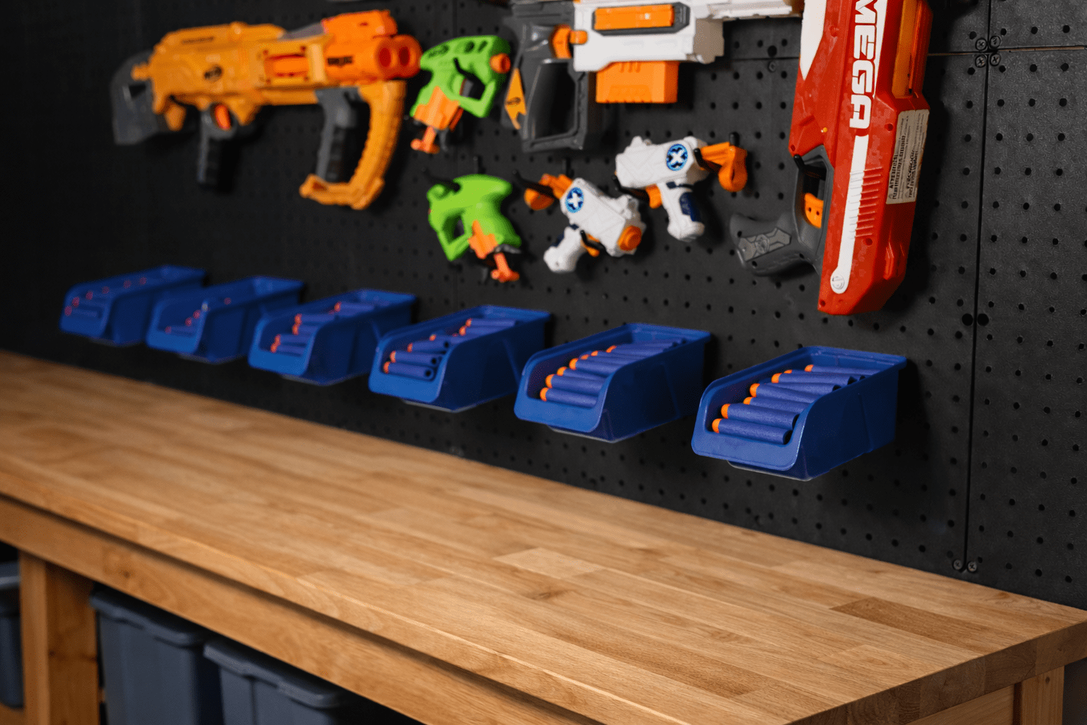 WallPeg Nerf Organizer Accessory Kit – 6 Large Cobalt Blue Pegboard Bins Ammo Storage & 20 Jumbo Peg Hooks for Mounting Nerf Blasters