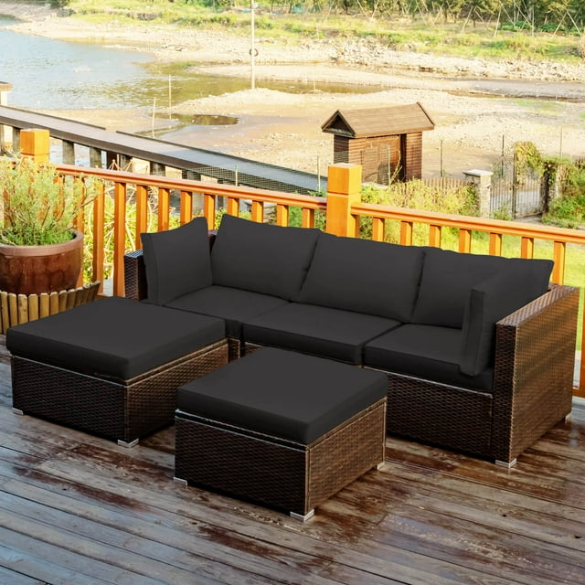 Costway 5PCS Outdoor Patio Rattan Furniture Set Sectional Conversation Black Cushion