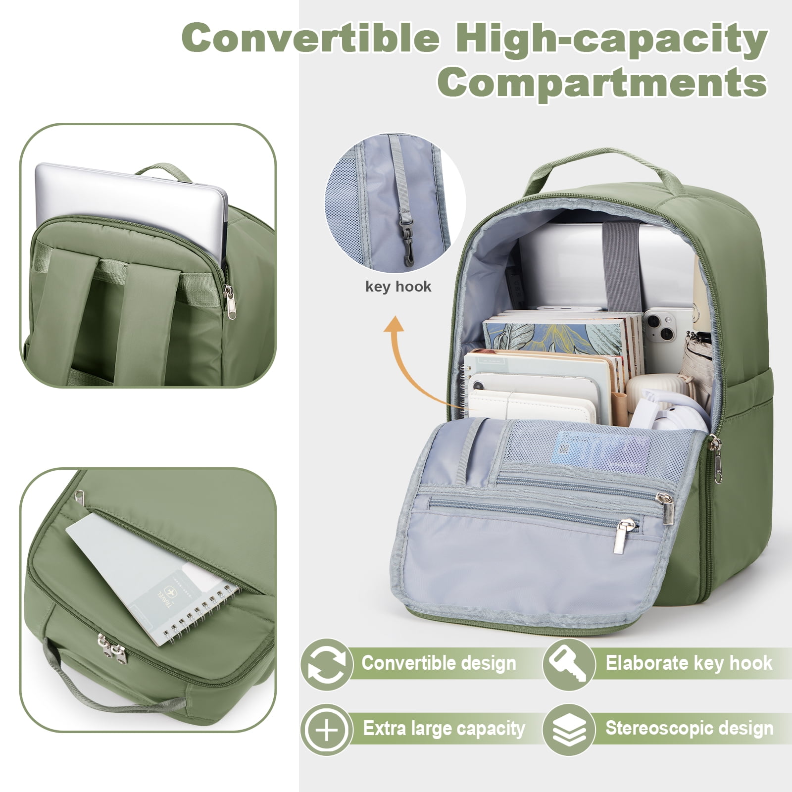 United Airline Approved Personal Item Travel Bag for Women, Underseat Luggage Carry On Backpack for Men, Cabin Size Waterproof Laptop Backpack, Mochila De Viaje, Rucksack Casual Daypack, Grey Green