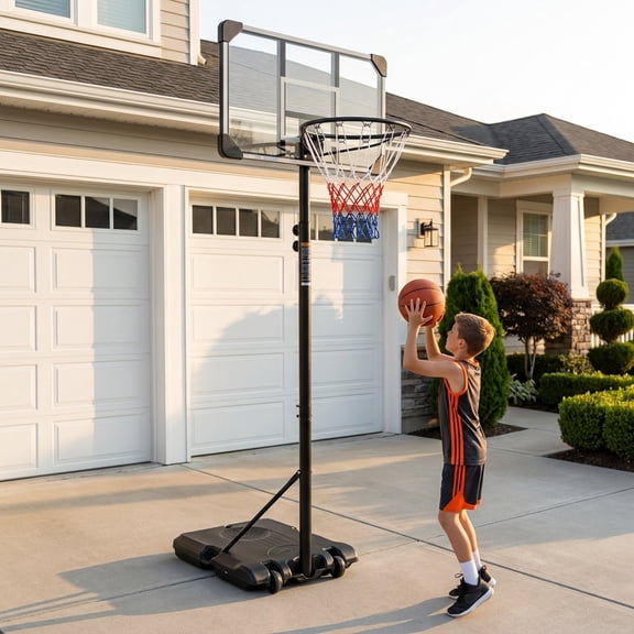 Height adjustable portable basketball hoop with casters and a stable base, 5.6-7 feet tall, 28-inch backboard, suitable for both indoor and outdoor use.black