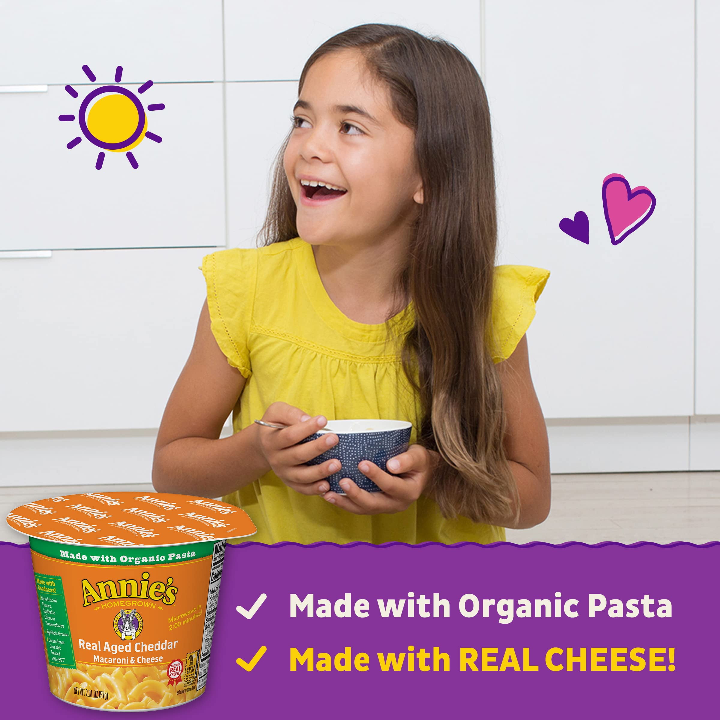 Annie's Real Aged Cheddar Microwavable Mac KKS1&nbsp;and Cheese Cup with Organic Pasta, Made with Real Cheese, Dinner Side or Snacks, 2.01 oz (Pack of 12)