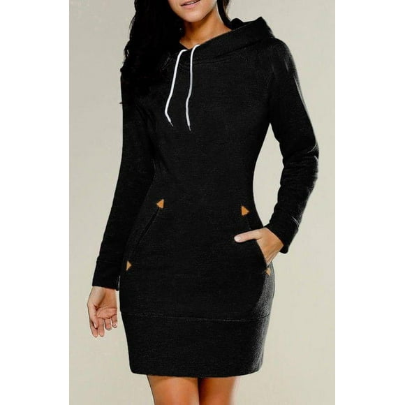 Black Women's Long Sleeve Round Collar Hoodie Dress Sweater, XL
