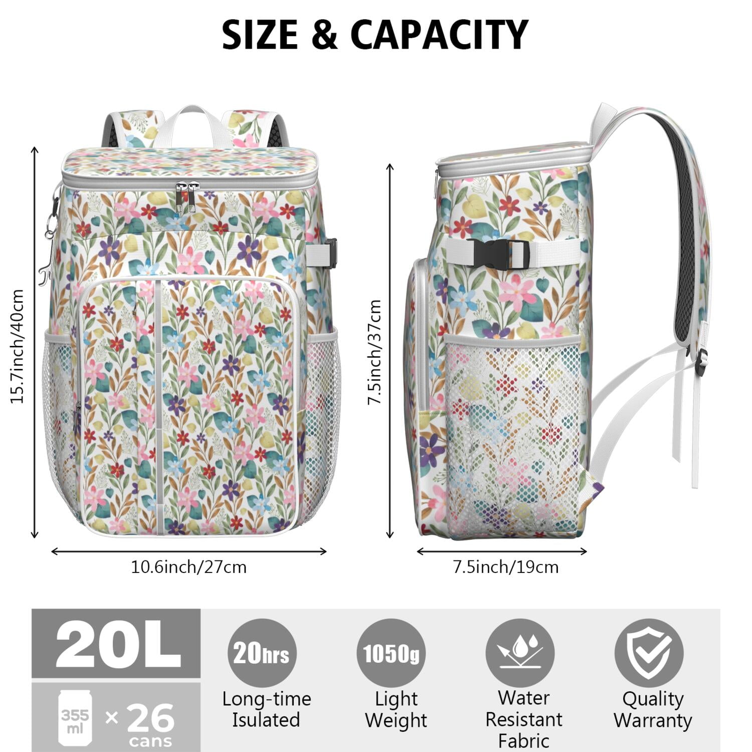 Travel Cooler Bag - Pioneer Flower Floral Print Pattern Camping Beer Cooler Backpack with Bottle Opener- Waterproof Insulated Picnic Backpacks - Cooler Bag for Beach