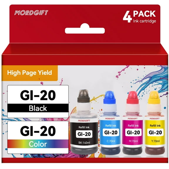 GI 20 Ink Compatible for Canon GI 20 GI20 Ink Bottles for PIXMA G6020 G5020 G7020 MegaTank Printers ( Black, Cyan, Magenta, Yellow, 4-Pack)