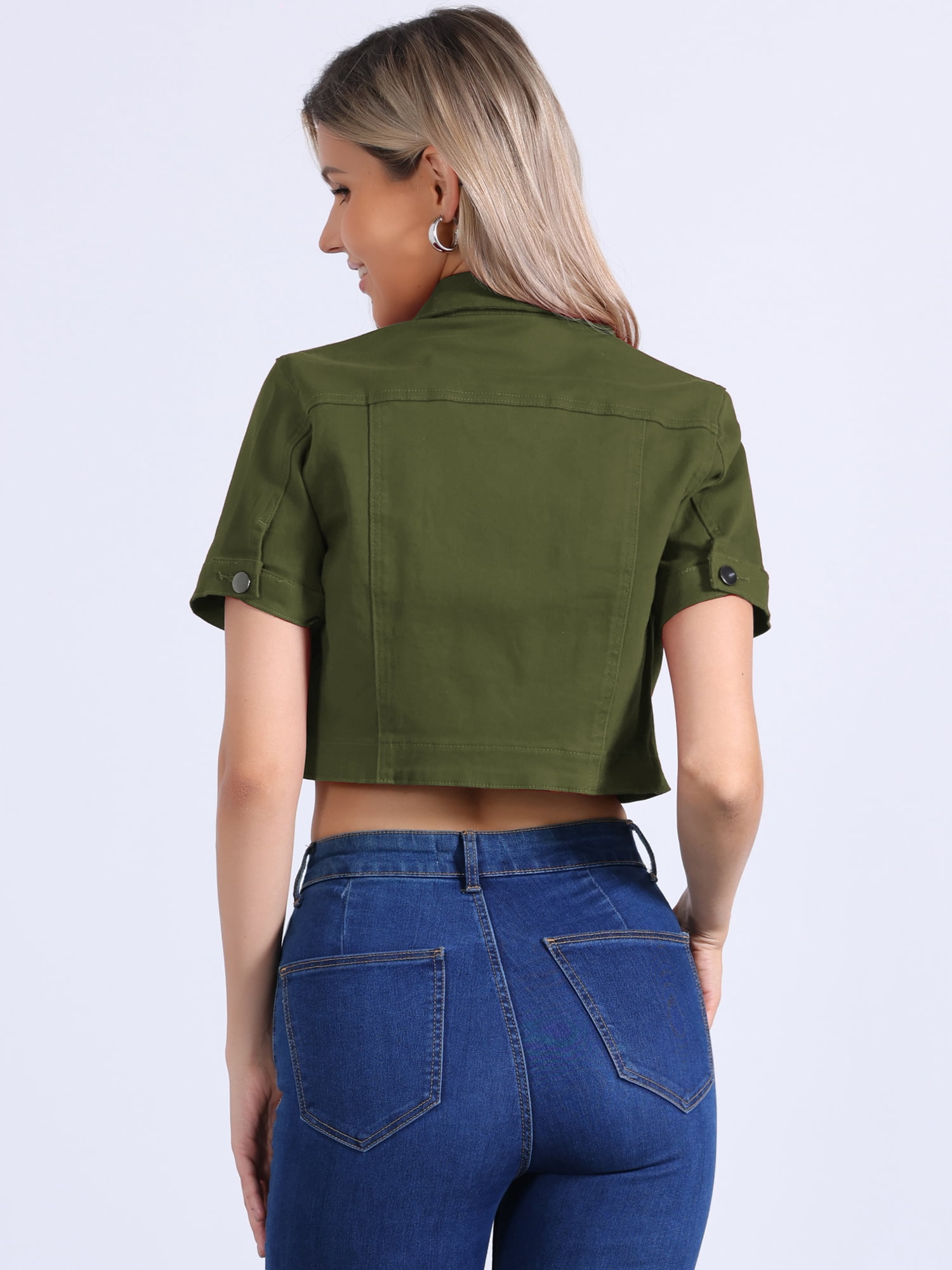 DARING DIVA Women's Denim Jacket Turndown Collar Short Sleeves Crop Jean Jackets S Green