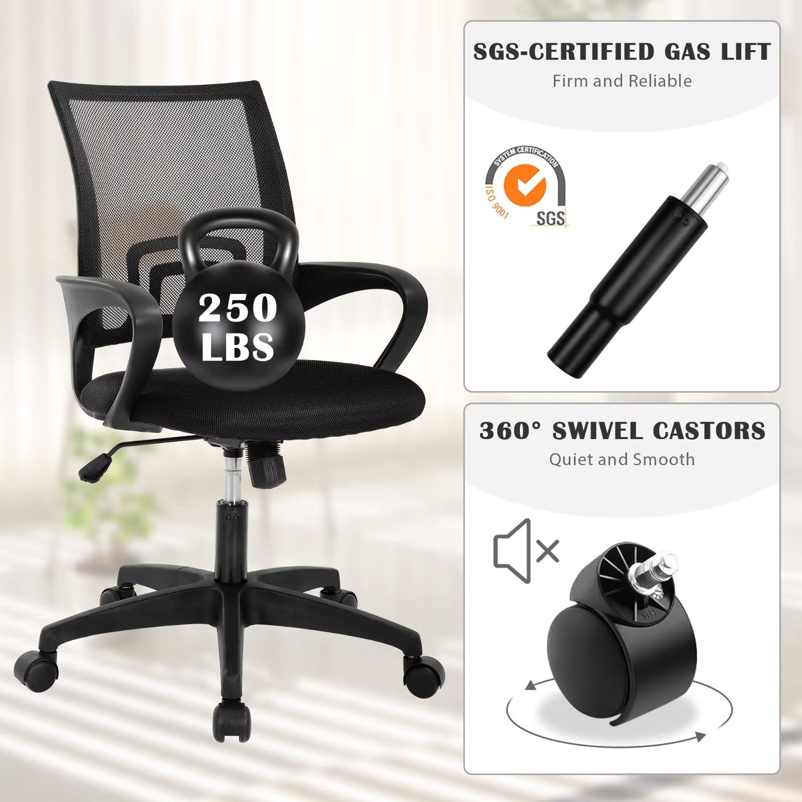 YRLLENSDAN Mesh Office Chair with Lumbar Support and Armrest, Comfortable Desk Chairs with Wheel, Home Swivel Chair with Adjustable Height and Tilt, Black, 2 Pack