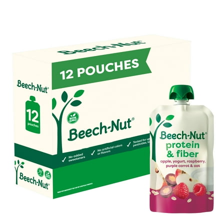Beech-Nut Protein & Fiber Stage 4 Toddler Food, Apple Yogurt Raspberry Carrot Oat, 3.5oz (12 Pack)