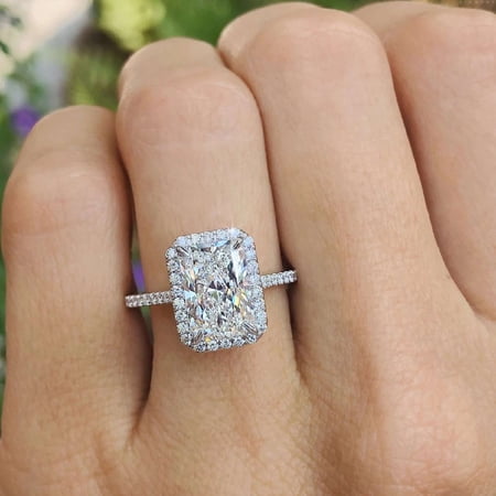 Jewelerix Radiant Cut Halo Moissanite Engagement Ring – 14K White Gold Plated, Micro-Pavé Band – Anniversary Proposal Gift