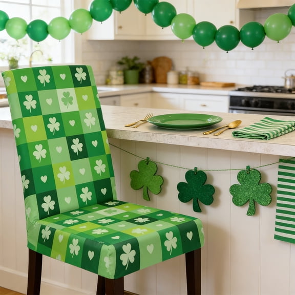 Twfbrm St. Patricks Day Chair Covers, Universal Green Shamrock Print Stretch Chair Slipcovers, Soft Breathable Decorative Seat Cover Removable Washable Chair Protector for Dining Room & Kitchen
