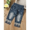 thumbnail image 4 of 2Pcs Little Girls Trousers Set Mesh Stitching Shirts Long Puff Sleeve Ribbed Round Neck Tops Star Snowflake High Waist Jeans Pant, 4 of 9