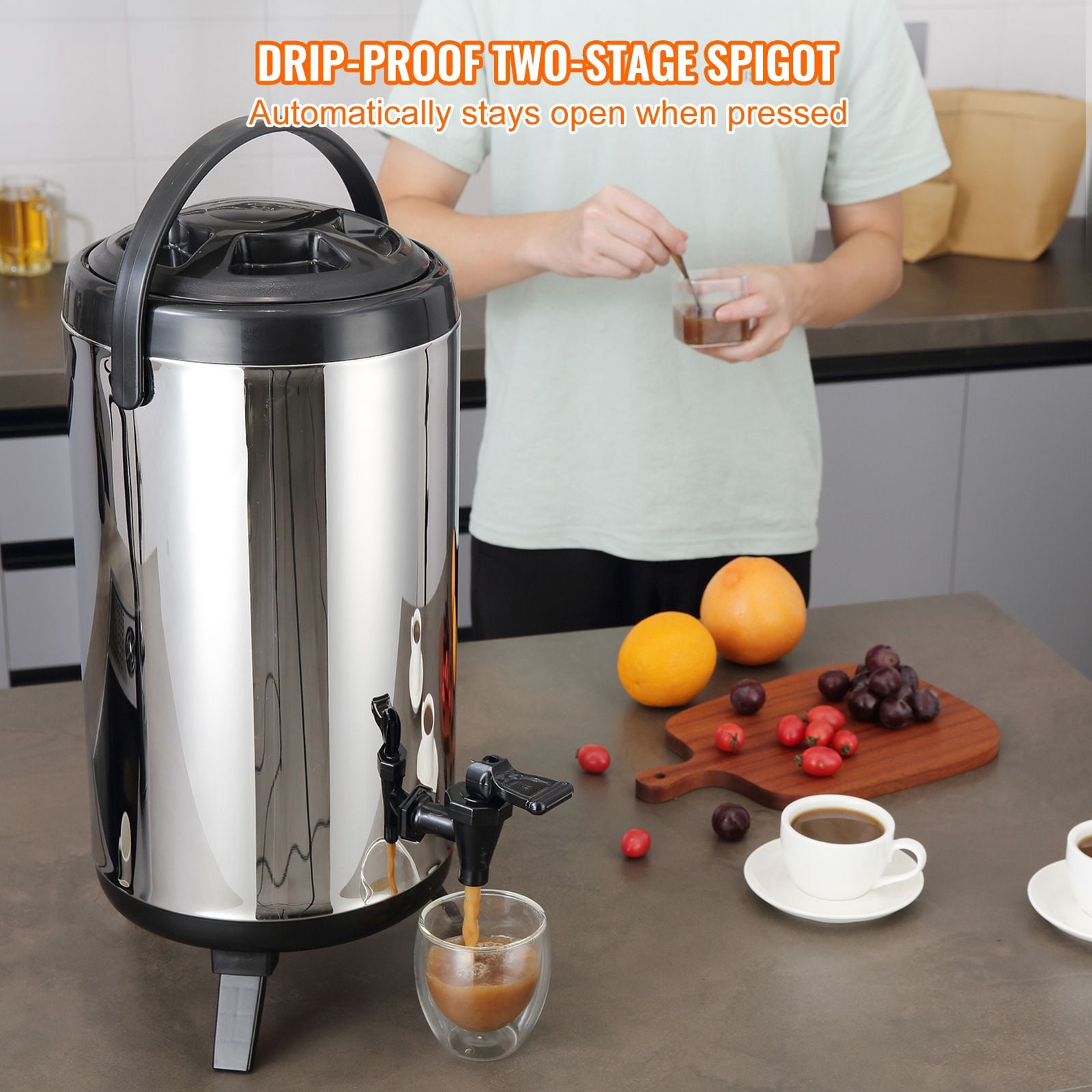 2.4 Gallon Insulated Beverage Dispenser with 304 Stainless Steel Interior, 0.87" PU Foam, 4-6Hr Insulation, Drip-Free Spigot for Cafes