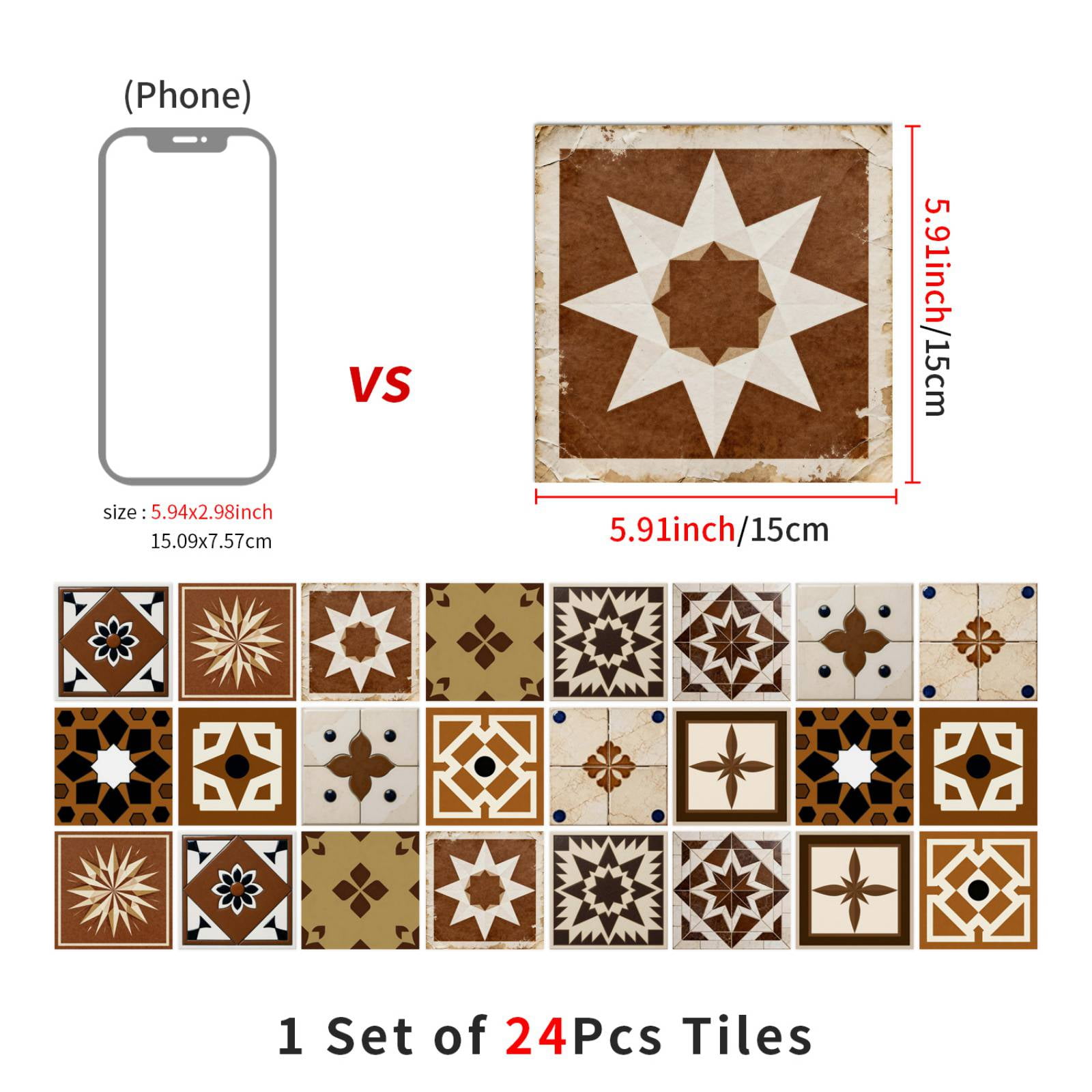 24PCS Mediterranean Style Peel and Stick Wall Tile Decals - 6"x6" Vintage Waterproof Vinyl Moroccan Bohemian Stickers for Kitchen Backsplash, Bathroom, Stair Riser Decor