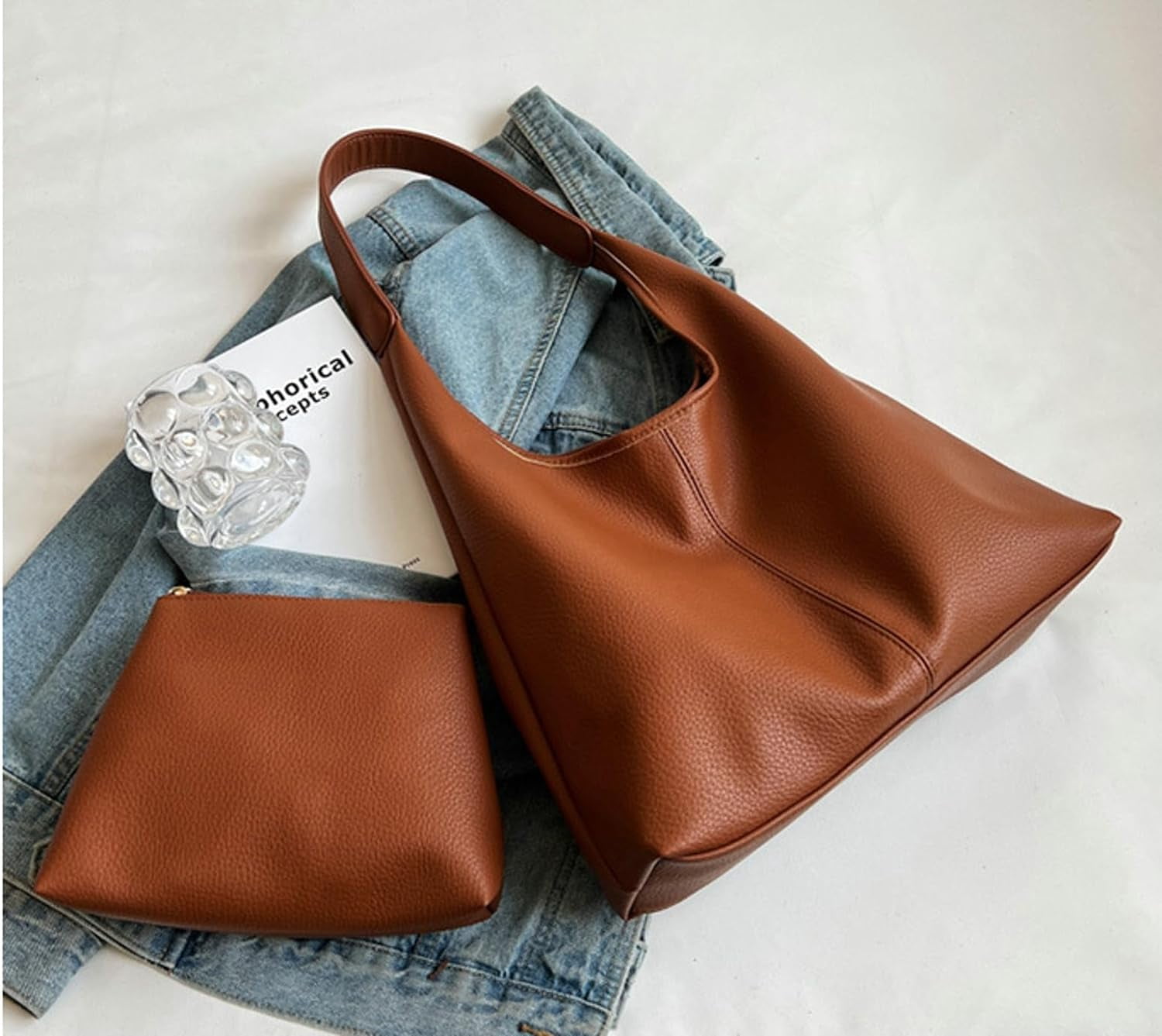 HLSOHJP Slouchy Hobo Bags for Women Tote Bag Retro PU Leather Crossbody Purse Soft Shoulder Purses 2pcs Work College Handbags