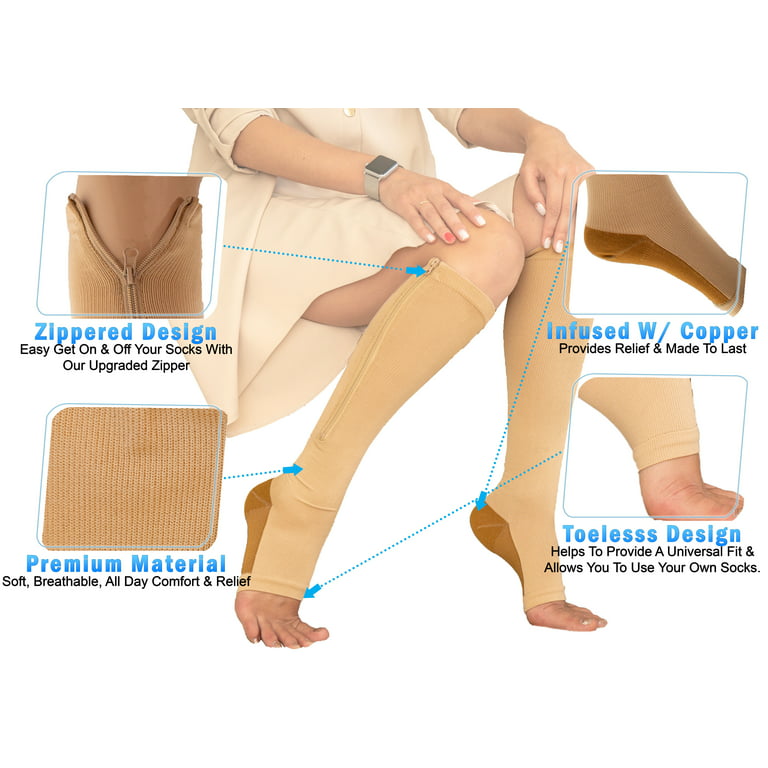 Copper Zipper Compression Socks w/ Open Toe Knee High Support