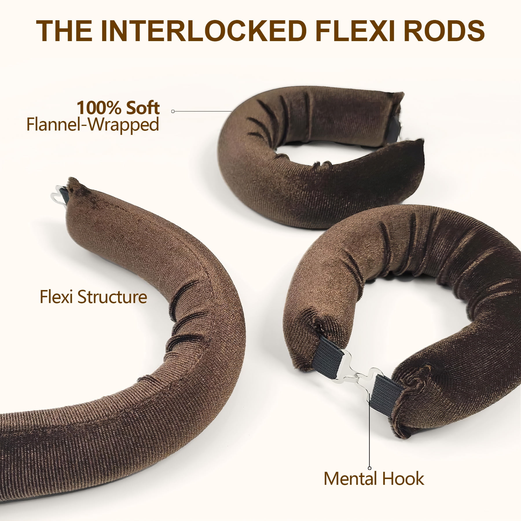 Overnight Heatless Hair Curler, Heatless Curls Satin Flexi Rods with Hook, Versatile Curling Tool for All Hair Types, Brown