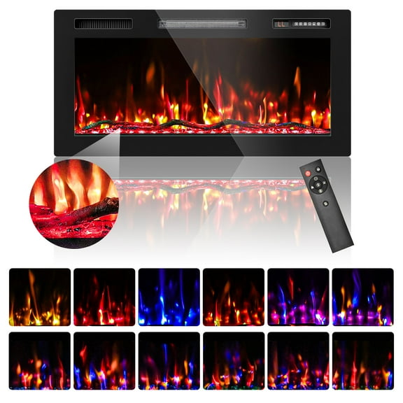 BREEZEHEAT 36 inch Firewood Electric Fireplace in-Wall Recessed and Wall Mounted Fireplace Heater,Linear Fireplace with Multicolor Flame,Timer,Low Noise,750/1500W, Remote Control