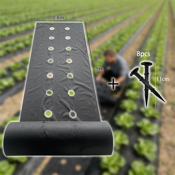 Perforated Weed Barrier Fabric, 0.8 m wide with two holes per row, includes 8 premium ground stakes.