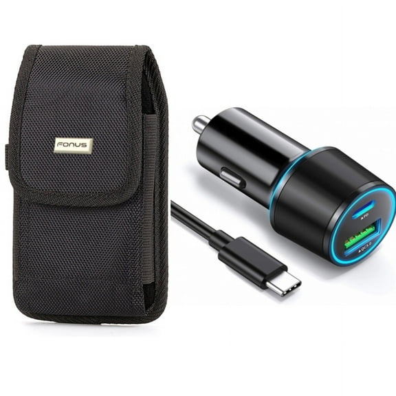 Case Belt Clip & Quick Car Charger for iPhone 15 Pro - Rugged Holster Canvas Cover and 36W 2-Port USB Cable Type-C PD Power L6Z for iPhone 15 Pro (6.1")