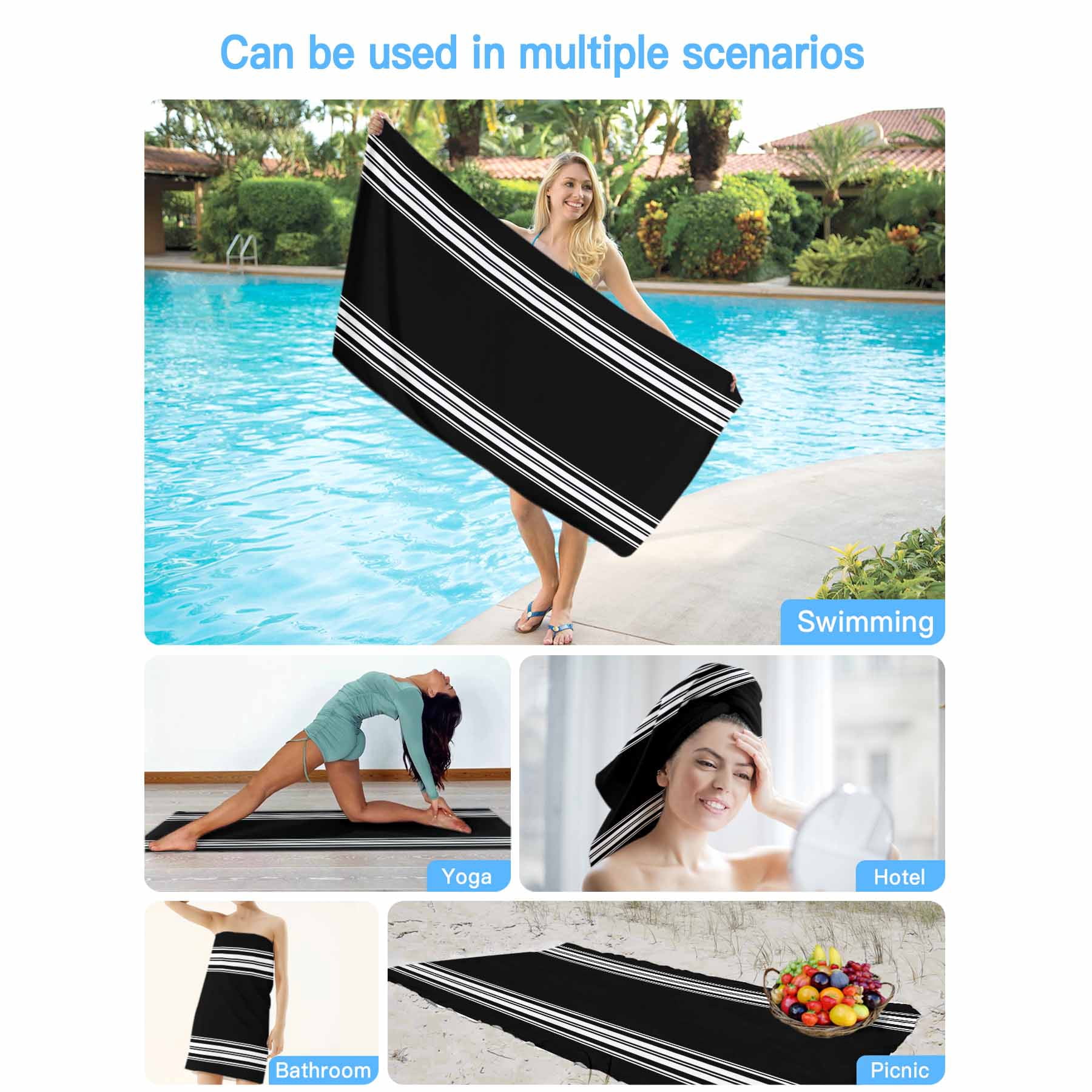 Beach Towel Black Striped Bath Pool Towels Black White Stripes Absorbent Beach Towel Soft Large Quick Dry Lightweight Camping Travel Sports Yoga Gym Swim Towels for Adult 35x70 Inch