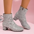 thumbnail image 4 of Women's Sparkly Sequin Dress Boots Glitter Leather Chunky Low Heel Mid Calf Short Ankle Booties for Christmas Wedding Party Silver Size 6, 4 of 7