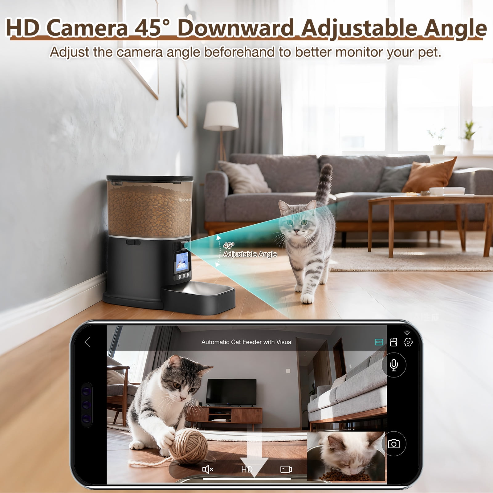 Automatic Cat Feeder with Camera, 5G WiFi Smart Food Dispenser, APP Remote Control, Timed Portion Feeding, Large Capacity Dog Cat Automatic Feeder, Black