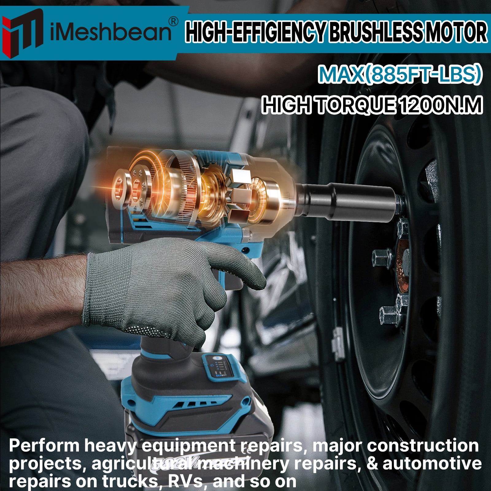 iMeshbean 21V Cordless Impact Wrench 1/2" 1200Nm High Torque Brushless Drill w/ 2 Battery