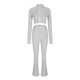 thumbnail image 3 of Oplxuo Womens 2 Piece Outfits Ribbed Knit Matching Lounge Sets Long Sleeve Collar V Neck Crop Top Flare Pants Tracksuits, 3 of 5