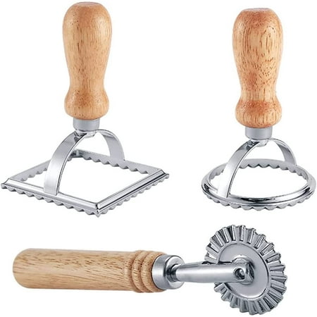 

3Pcs Ravioli Stamp Maker Cutter with Roller Wheel Set Mold with Wooden Handle for Pasta Dumplings Lasagna Pies