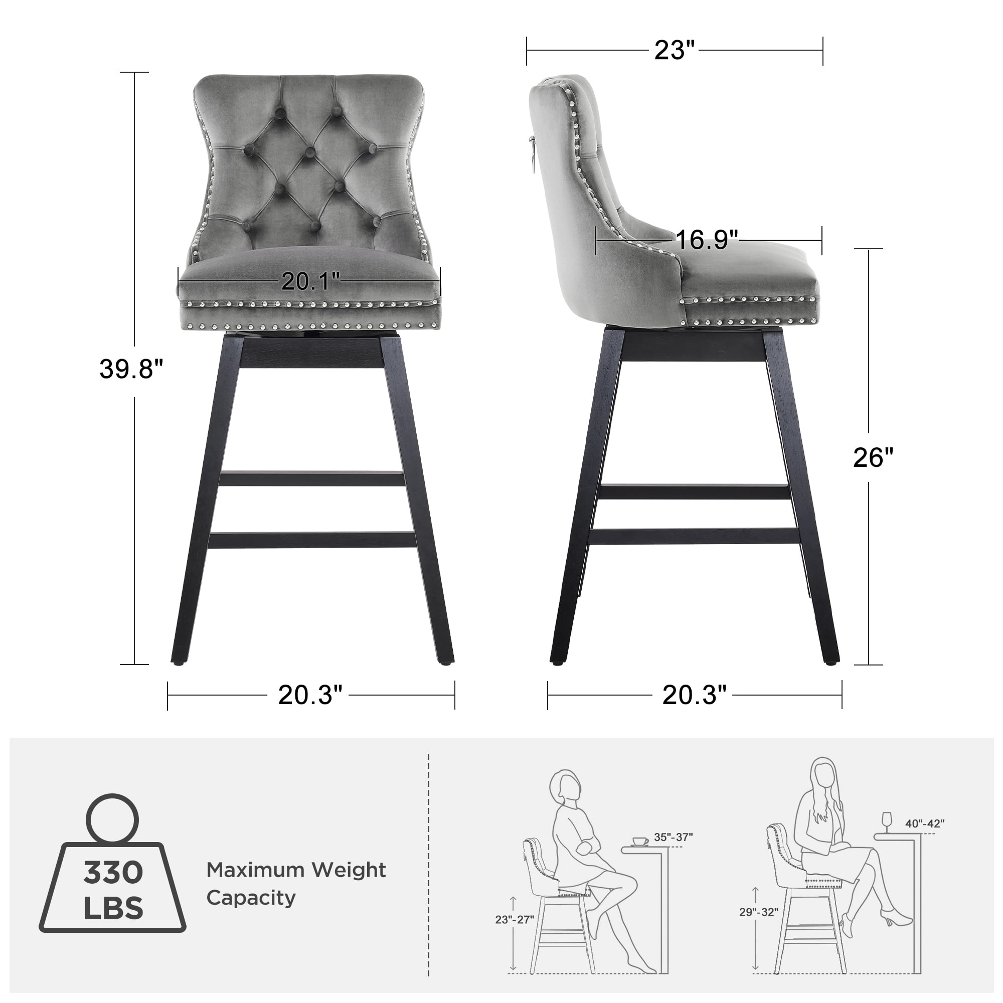 TEWLOSS 26" Swivel Counter Height Bar Stools with Back Set of 2, Gray Velvet Kitchen Stools