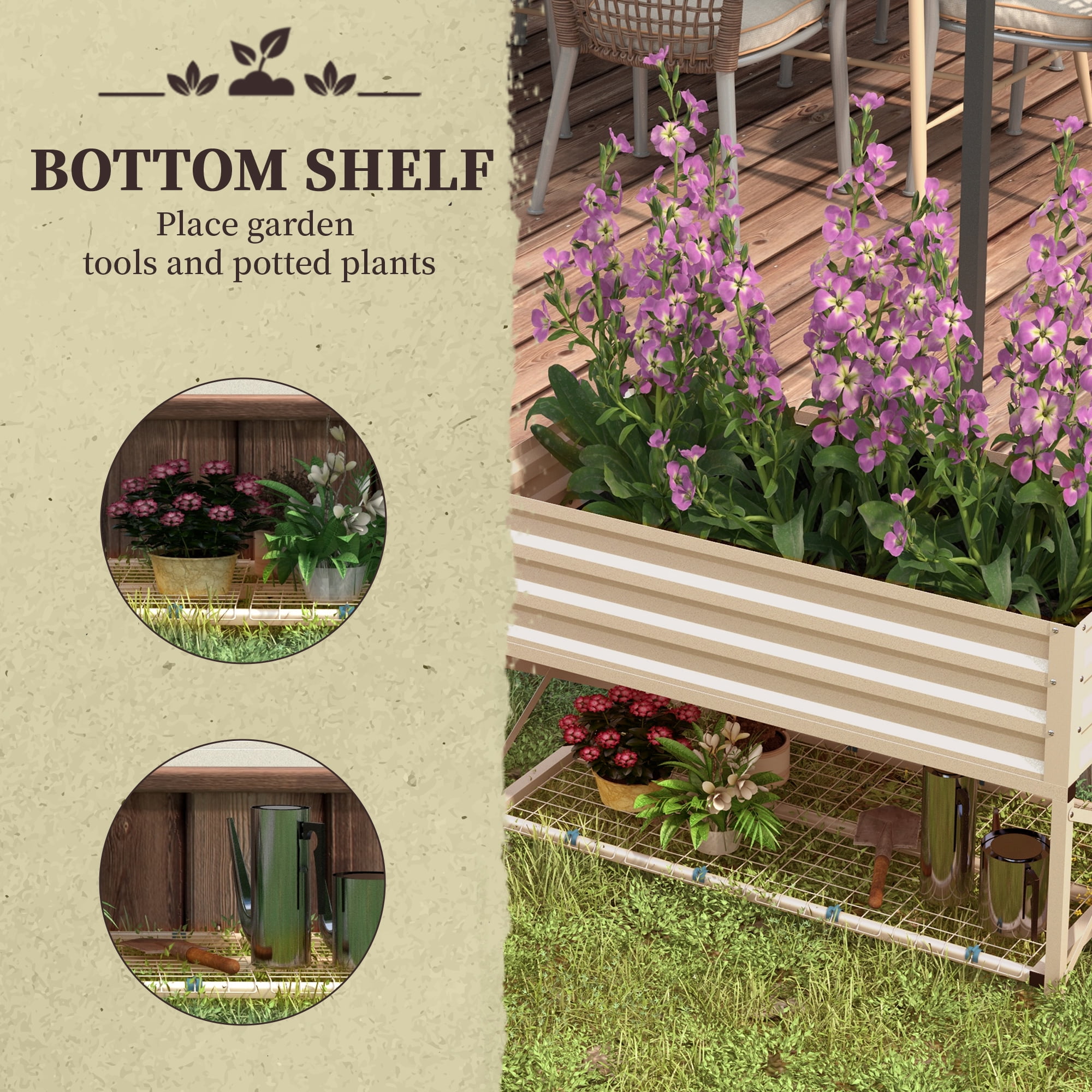 AsterOutdoor Raised Garden Bed with Galvanized Steel Frame, Elevated Planter Box for Vegetables, Flowers, Herbs, 41.75" L x 21.25" W x 30" H, Cream