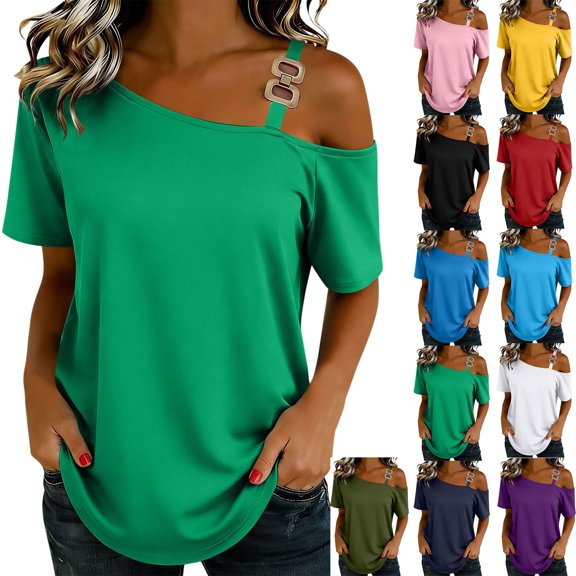Dvprdro Womens Asymmetrical Neck Tops Pullover Short Sleeve Blouses Loose Fit Dressy Casual Summer