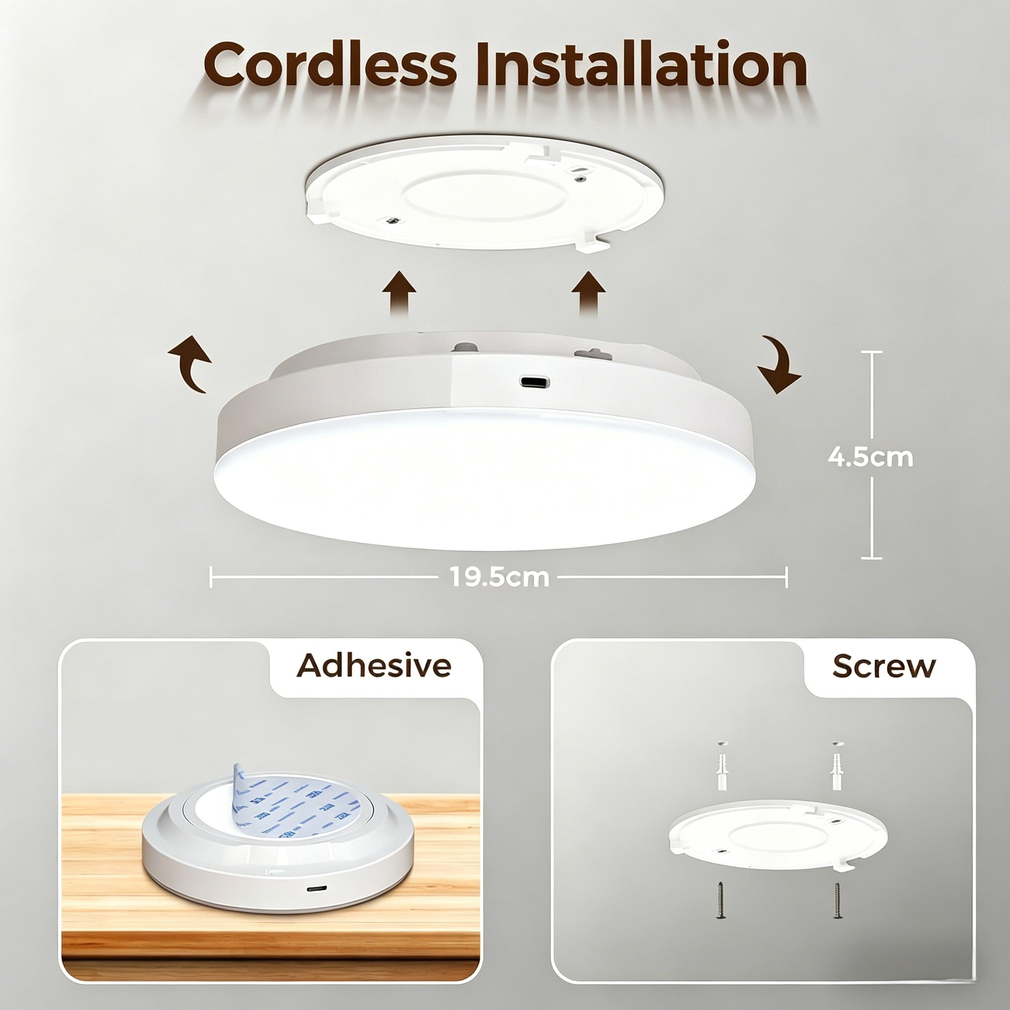 Rechargeable Microwave Motion Sensor Ceiling Light with Remote, Dusk to Dawn, 5m/360° Range, Dimmable Wireless Wall Lights for Living Room, Bedroom, Kitchen, Hallway, Garage