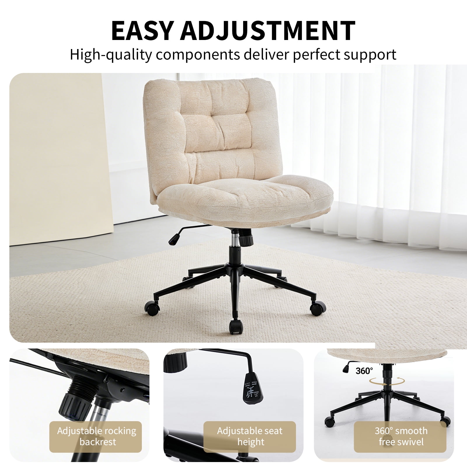 Soft Chenille Cross-Legged Office Chair,Wide Seat Armless Desk Chair with Double Cushion, Swivel Adjustable Vanity Chair for Bedroom, Home Office, White,EliteEdge